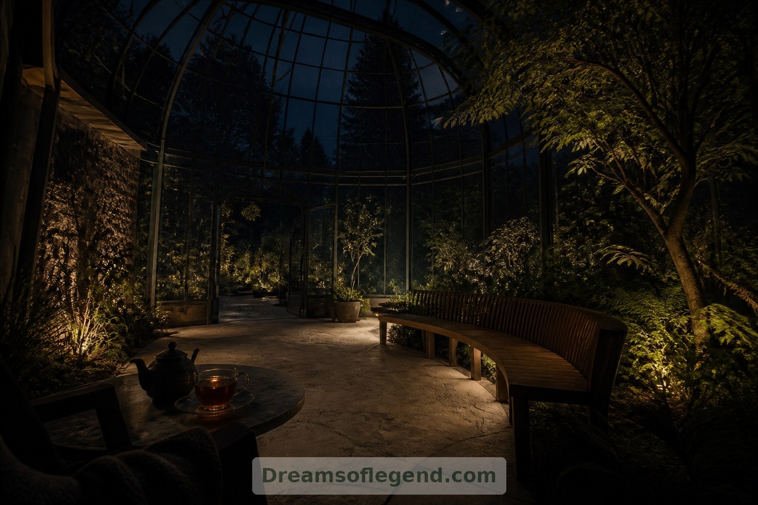 En esta vivienda ficticia, el jardín de invierno ofrece un lugar tranquilo para tomar el té después de anochecer, equilibrando la vegetación con el confort doméstico.