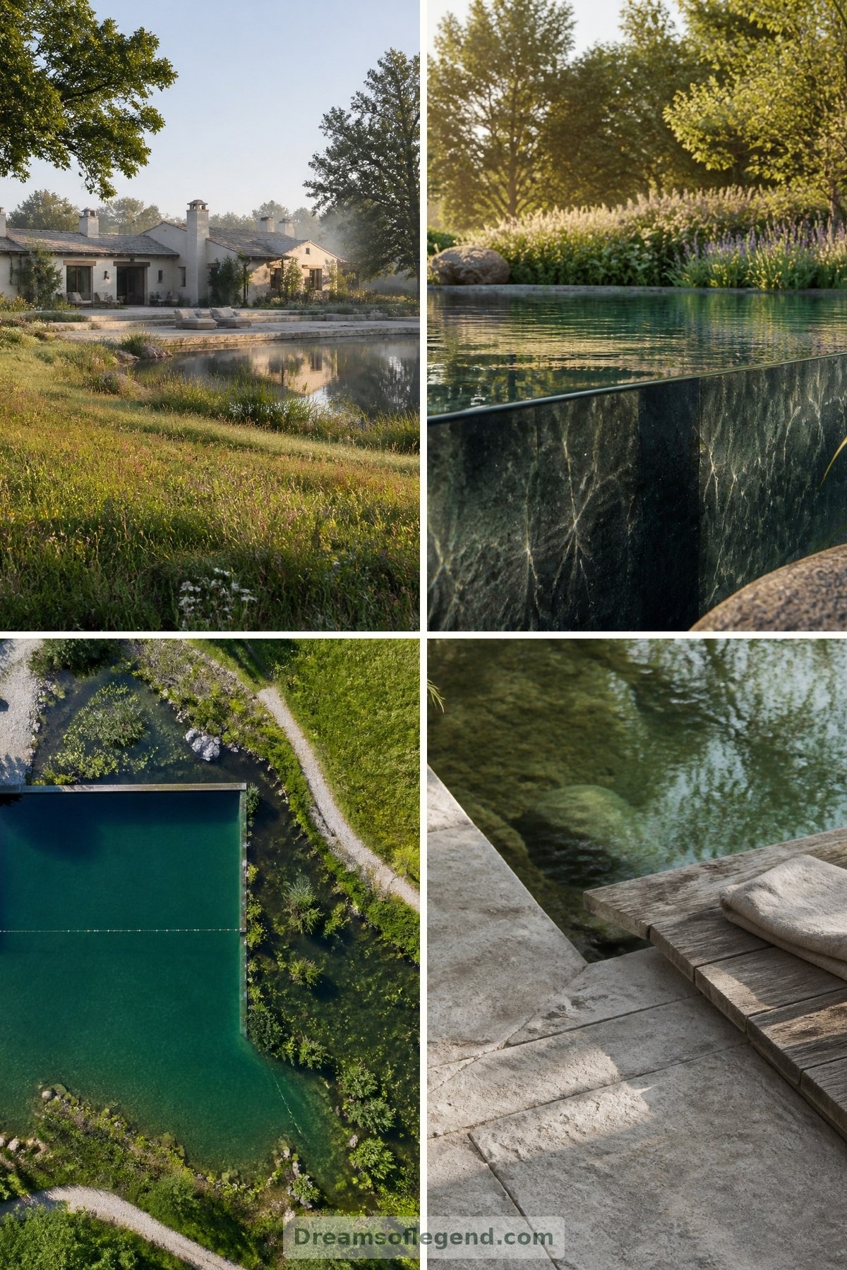 Estanques de baño naturales: jardines donde un chapuzón de verano se integra en el paisaje — portada con cuatro imágenes