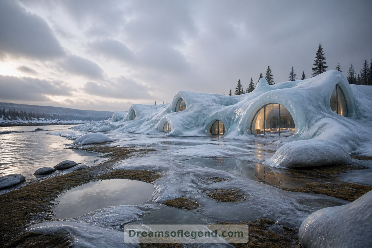 Exterior primaveral conceptual: los bordes que se suavizan ilustran el carácter temporal de la arquitectura de temporada construida con hielo y nieve.
