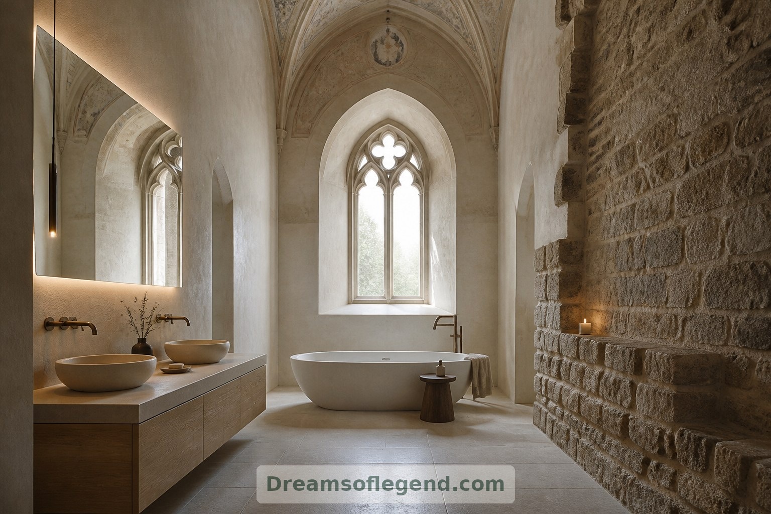 Este baño imaginado mantiene sus elementos contemporáneos claramente diferenciados del entorno histórico de piedra.