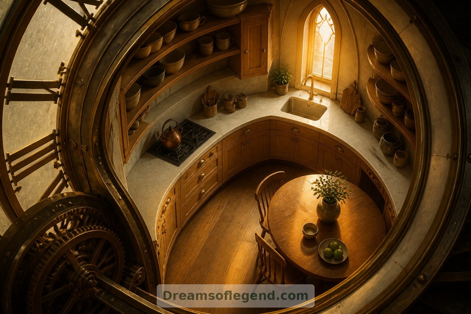 Los armarios curvos y una pequeña mesa para desayunar devuelven cómodamente esta cocina de fantasía a la escala humana.