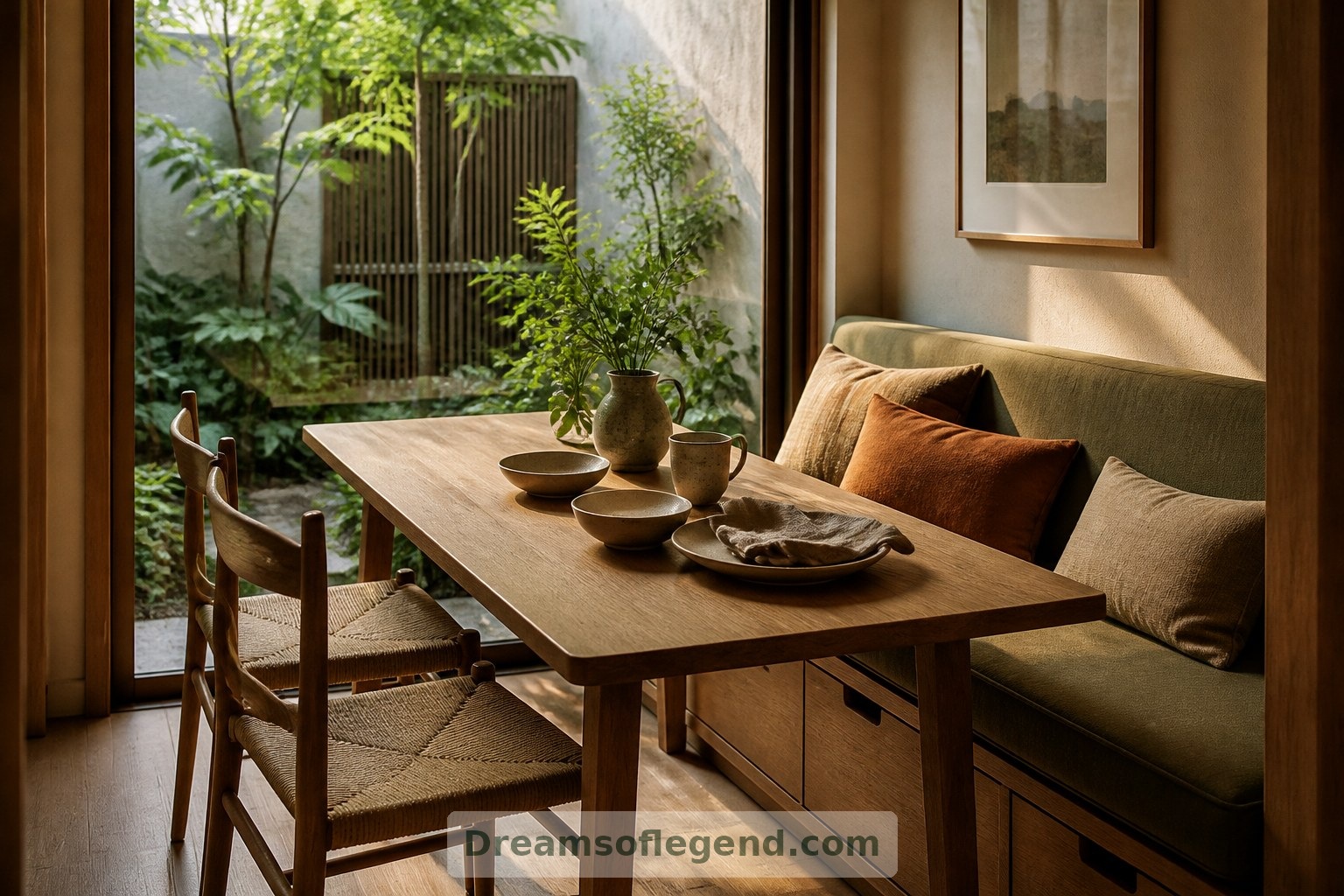 Un banco de comedor junto al patio combina un asiento cómodo con un discreto espacio de almacenamiento debajo.