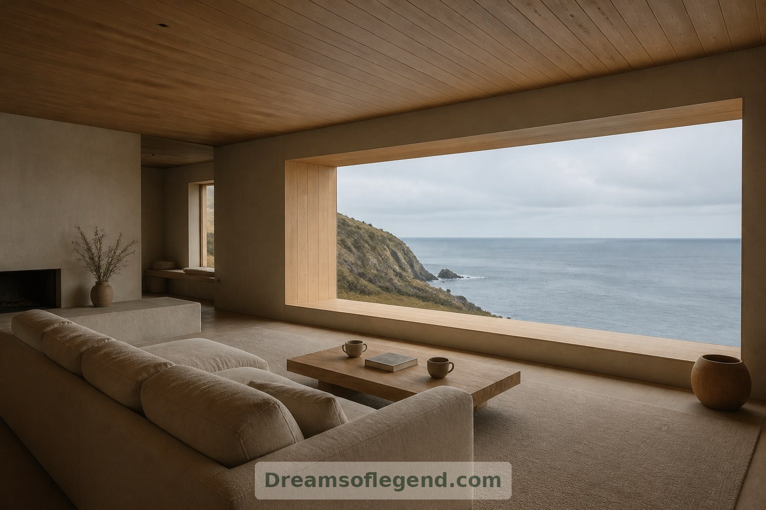 De profondes embrasures de fenêtres, un revêtement en laine et un plafond en bois adoucissent la vaste vue sur la mer du salon imaginaire.