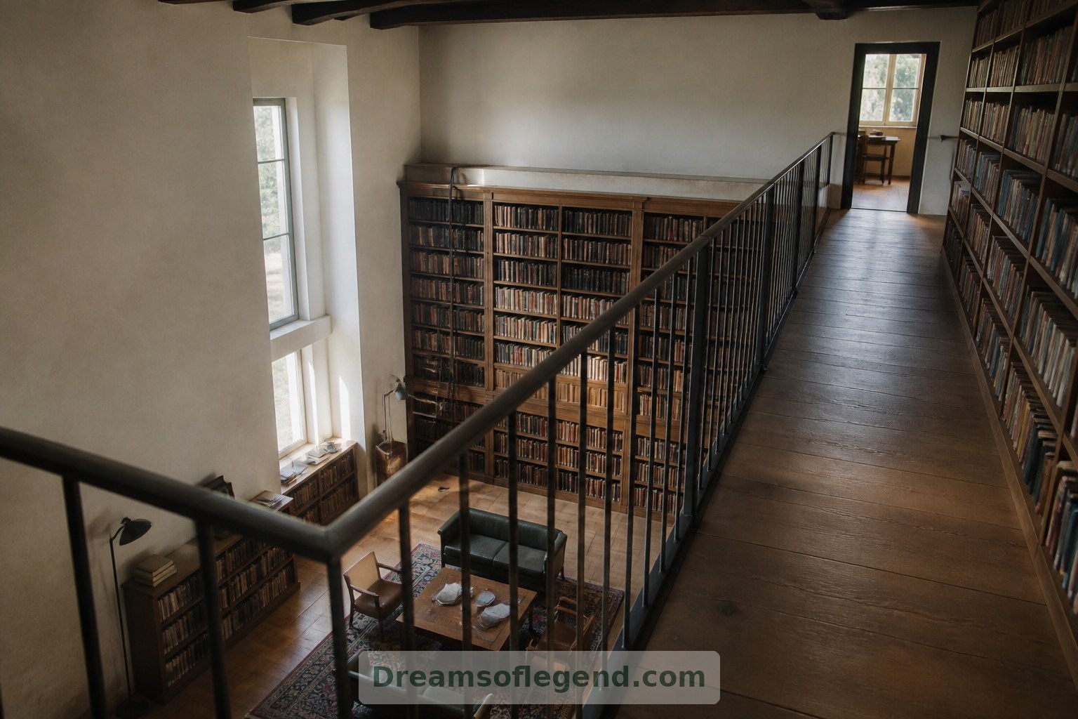 Cette galerie imaginaire à l’étage ouvre des vues sur la bibliothèque tout en menant à un bureau au calme.