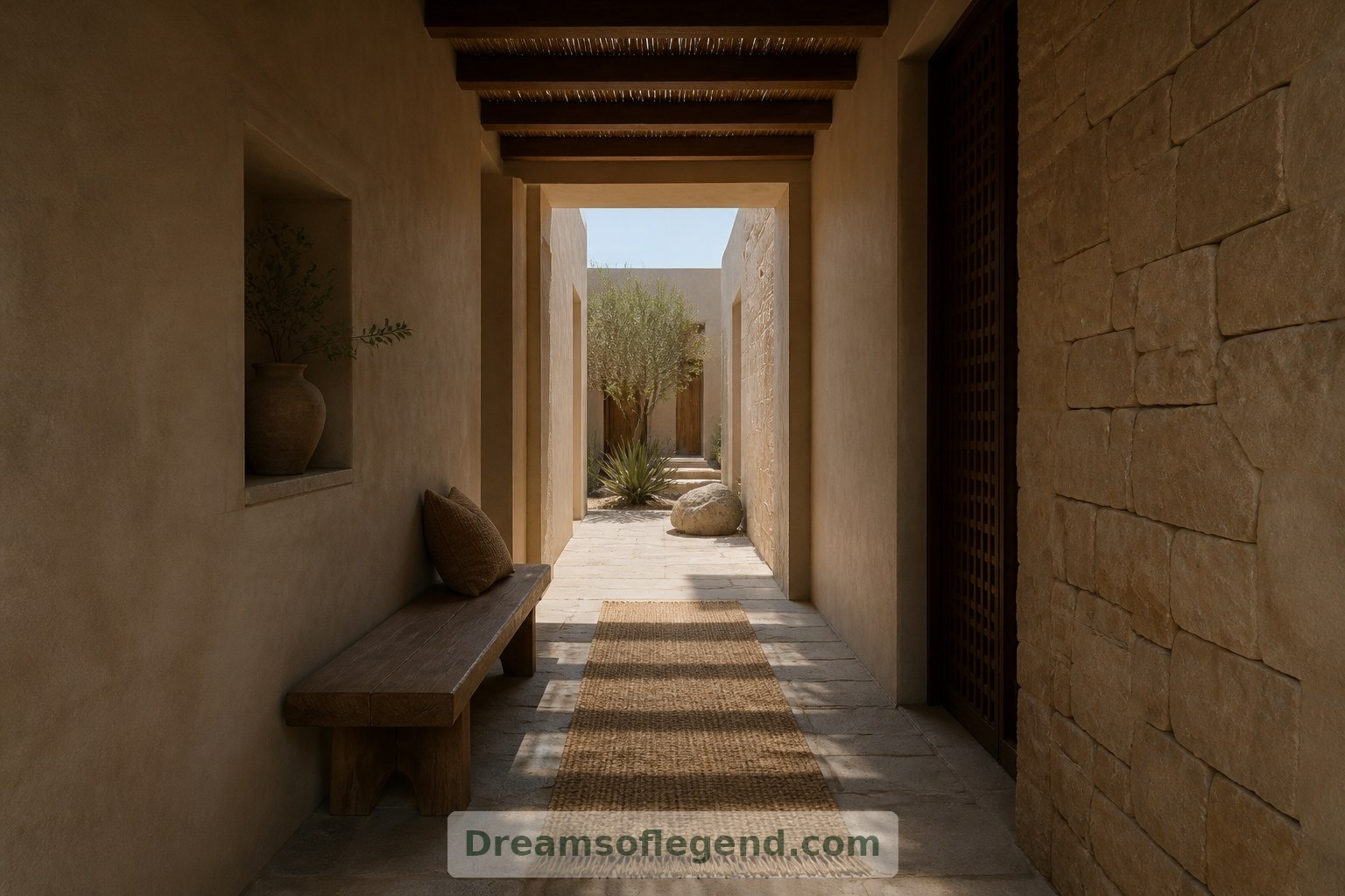 Passage d’entrée imaginé : la pierre, le bois et un aperçu de la lumière du jour créent une transition douce vers le patio.