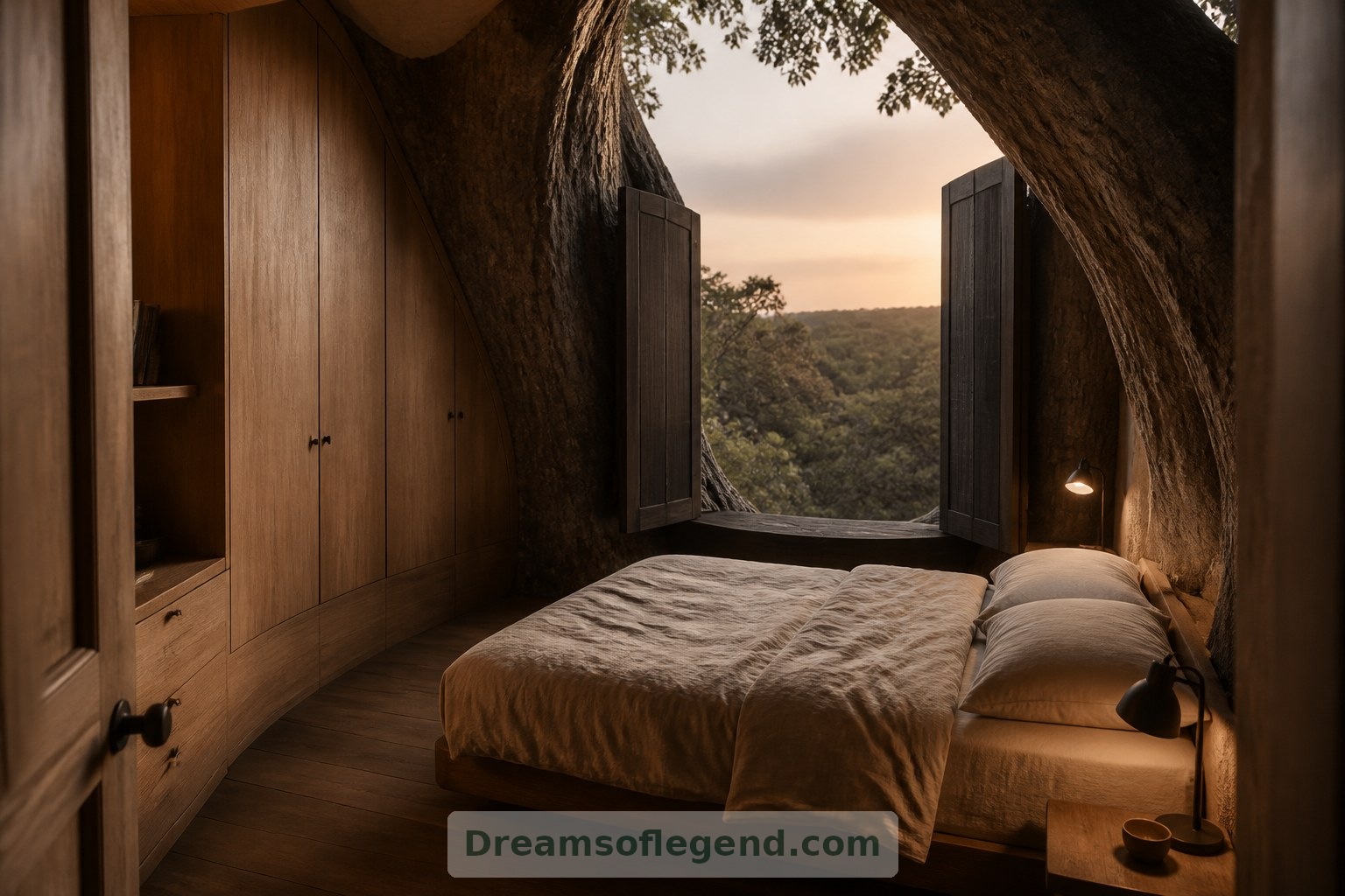 La chambre imaginée à l’étage associe une vue étroite sur la forêt, des rangements incurvés et des liseuses à la lumière chaleureuse pour créer un refuge reposant.