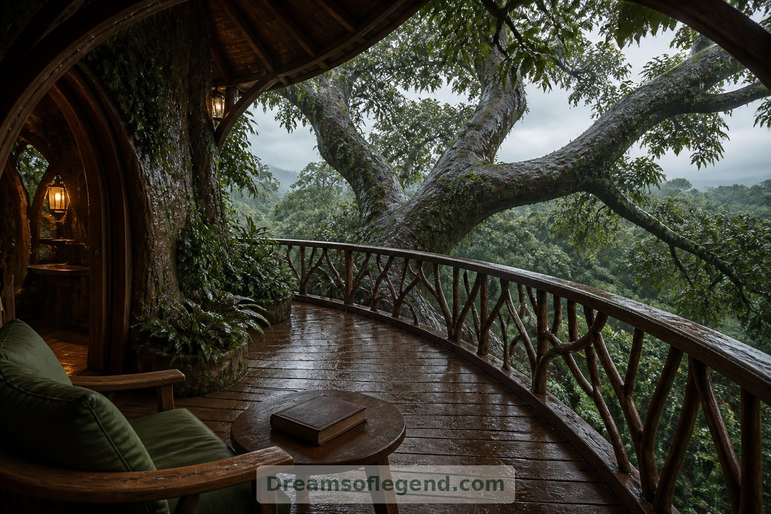 Le balcon fictif offre des assises abritées parmi les branches, achevant le parcours imaginaire de la maison, des racines jusqu’aux feuilles.