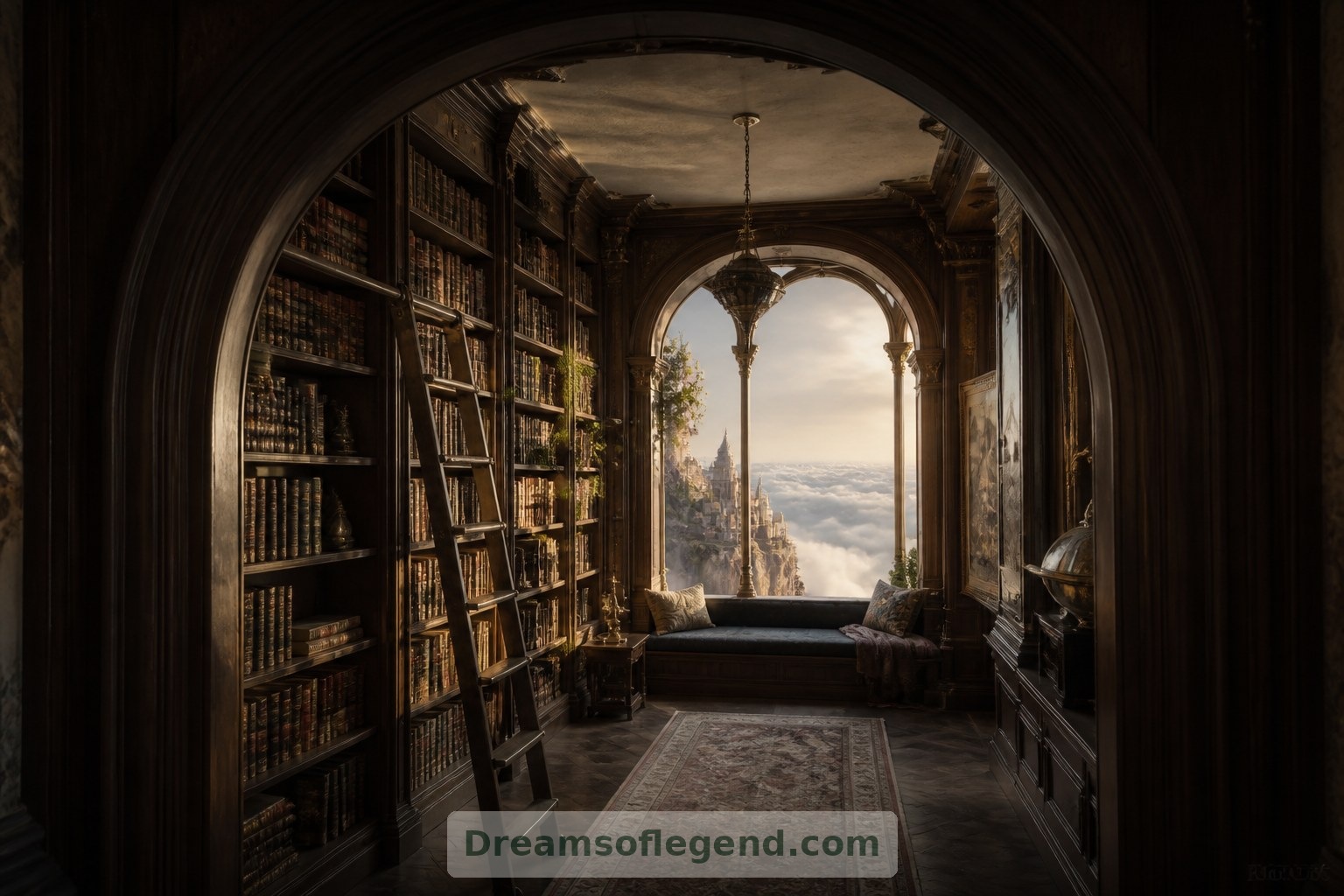 Une bibliothèque habillée de bois offre un refuge de lecture intime au sein du palais imaginaire.