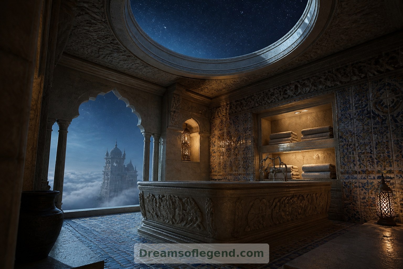 Les textures de la pierre et de la céramique façonnent une salle de bains imaginaire sous une ouverture de toiture qui encadre les étoiles.