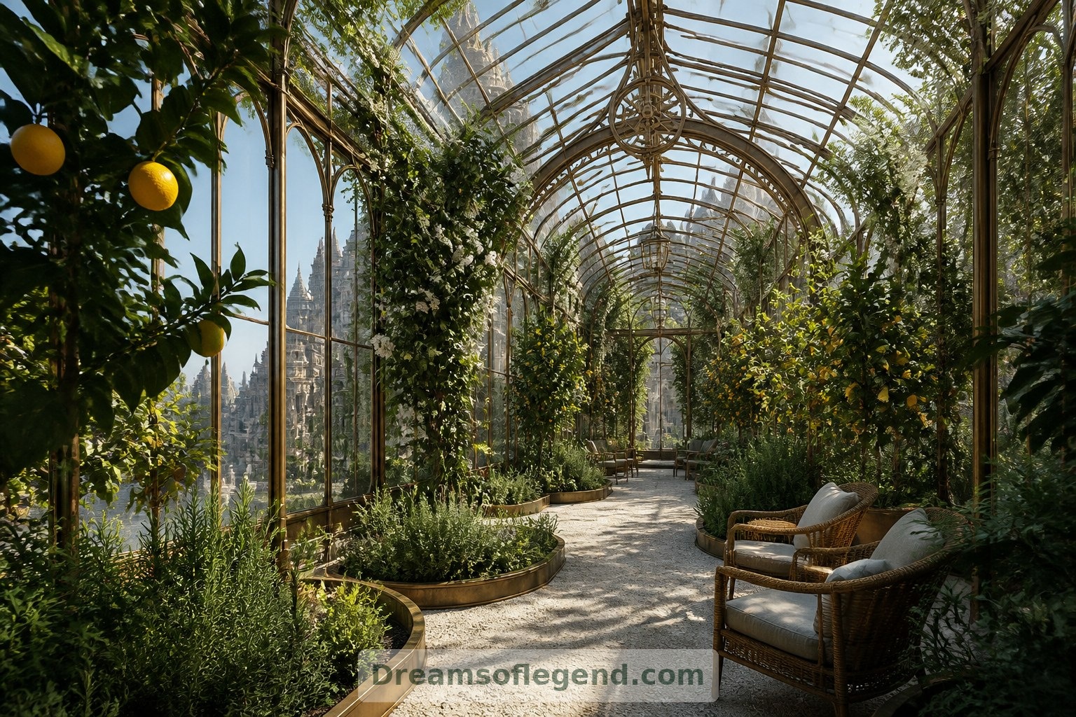 Un jardin d’hiver fictif associe une structure vitrée délicate à la verdure et à des endroits confortables où faire une pause.