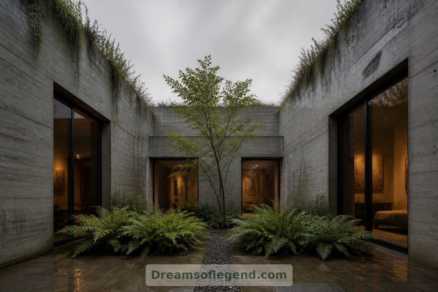 Une cour à ciel ouvert fait entrer les plantations et les variations du temps au cœur de cette maison imaginée.