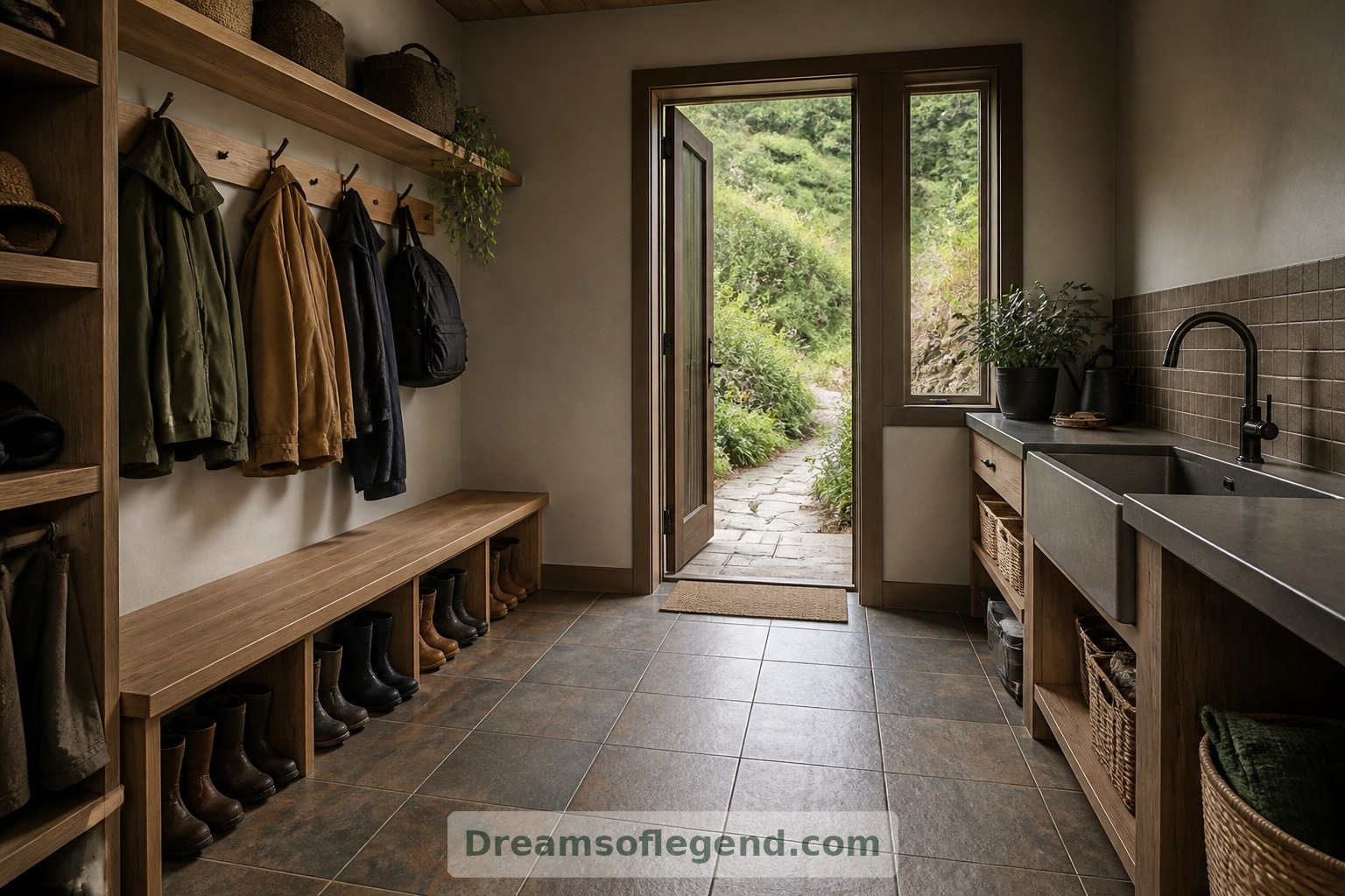 Des rangements pour les bottes, un évier de service et un sol lavable apportent un confort pratique à cette entrée latérale imaginée.