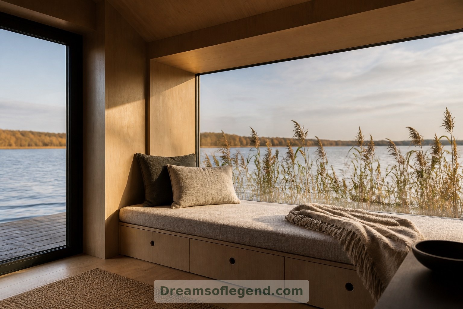 Une profonde banquette de fenêtre fait de la vue sur le lac un endroit confortable où s’accorder une pause dans cet intérieur imaginaire.
