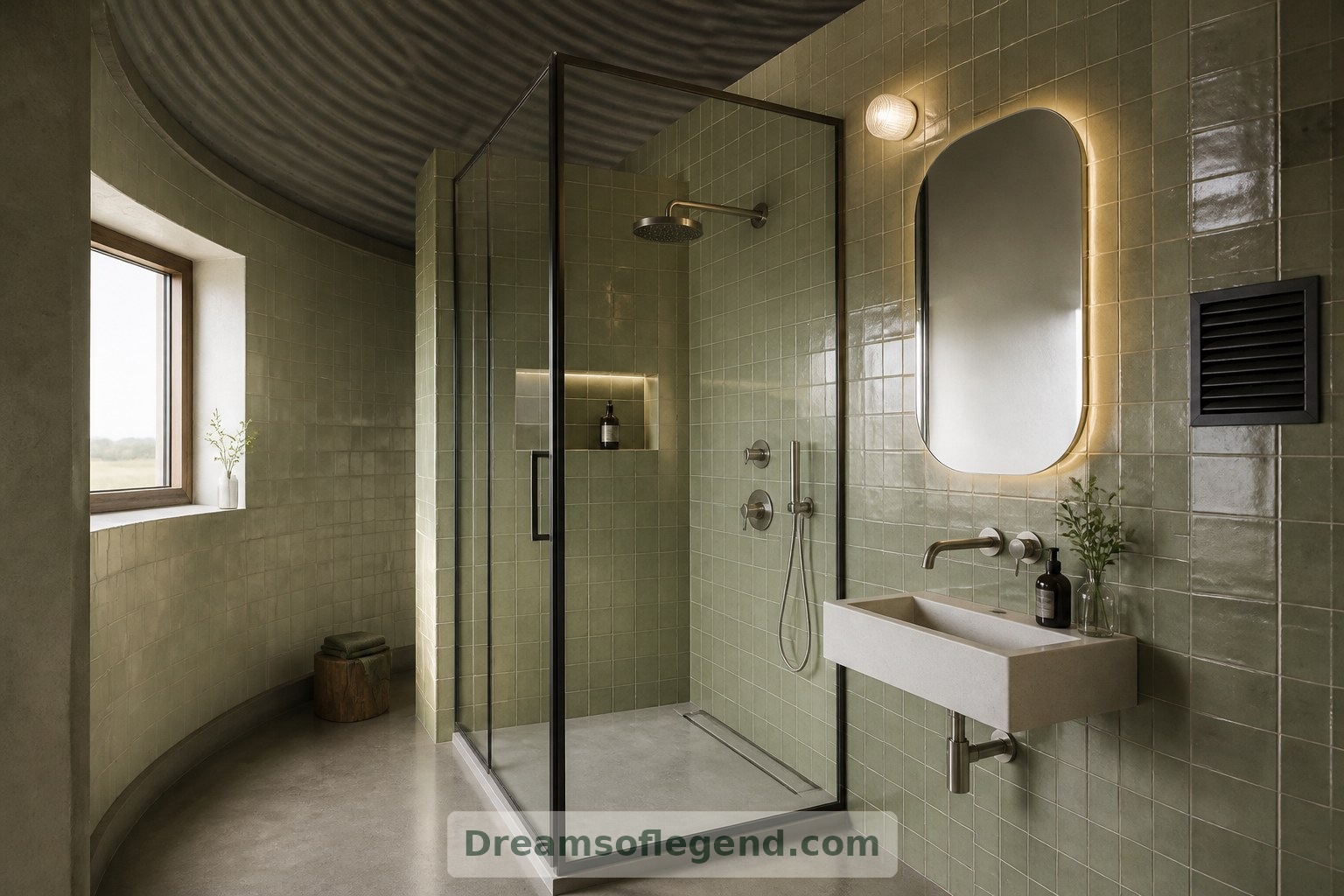 Salle de bains imaginée : une cabine de douche rectangulaire simplifie l’agencement dans cette enveloppe atypique.