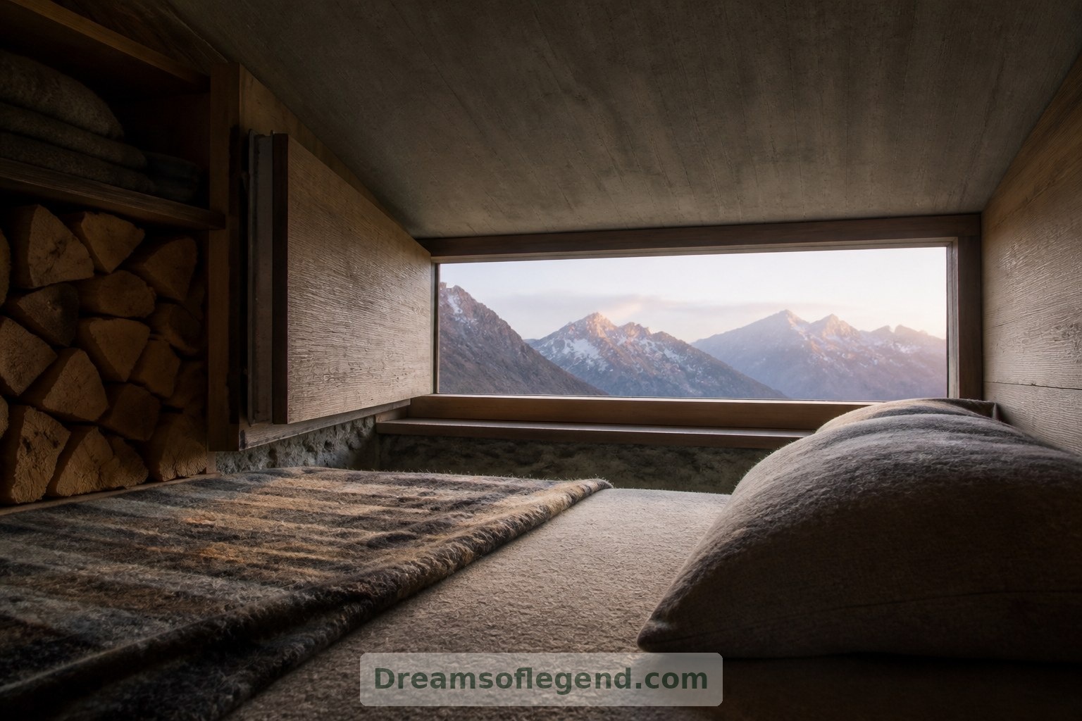 Un lit bas et une fenêtre soigneusement positionnée composent une chambre reposante dans le refuge imaginaire.