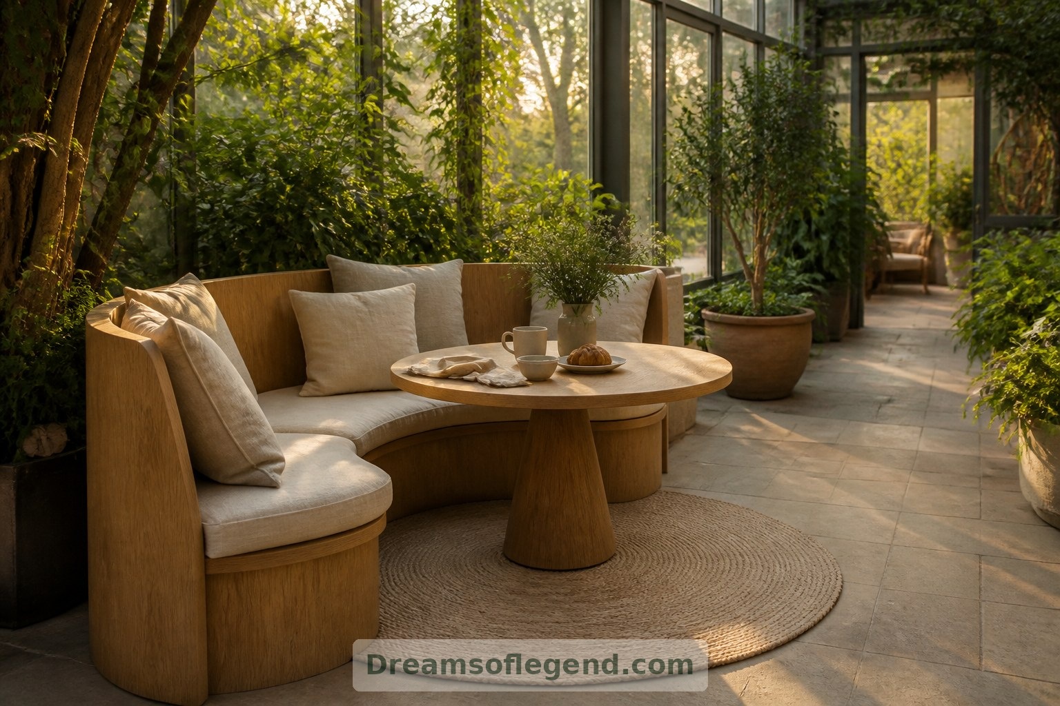 Une banquette en bois et une table pour le petit-déjeuner font du jardin une pièce à vivre au quotidien, plutôt qu’une simple présentation de plantes.