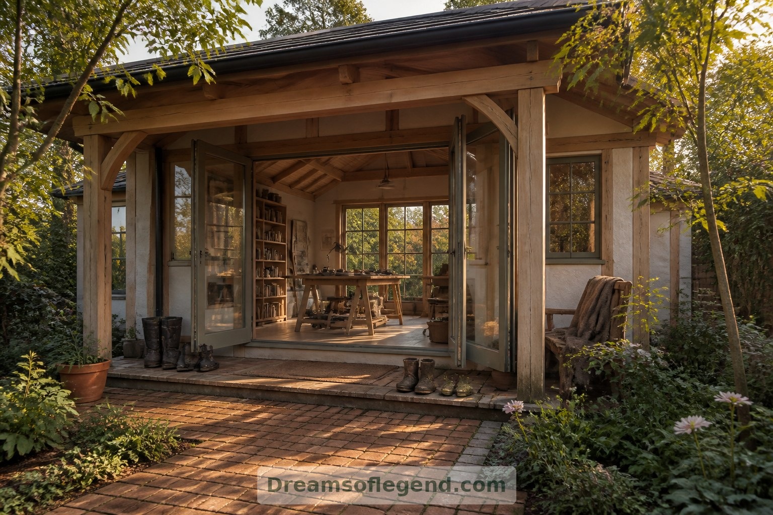 Un seuil abrité donnant sur le jardin relie l’atelier fictif à un espace extérieur propice au dessin et au repos.