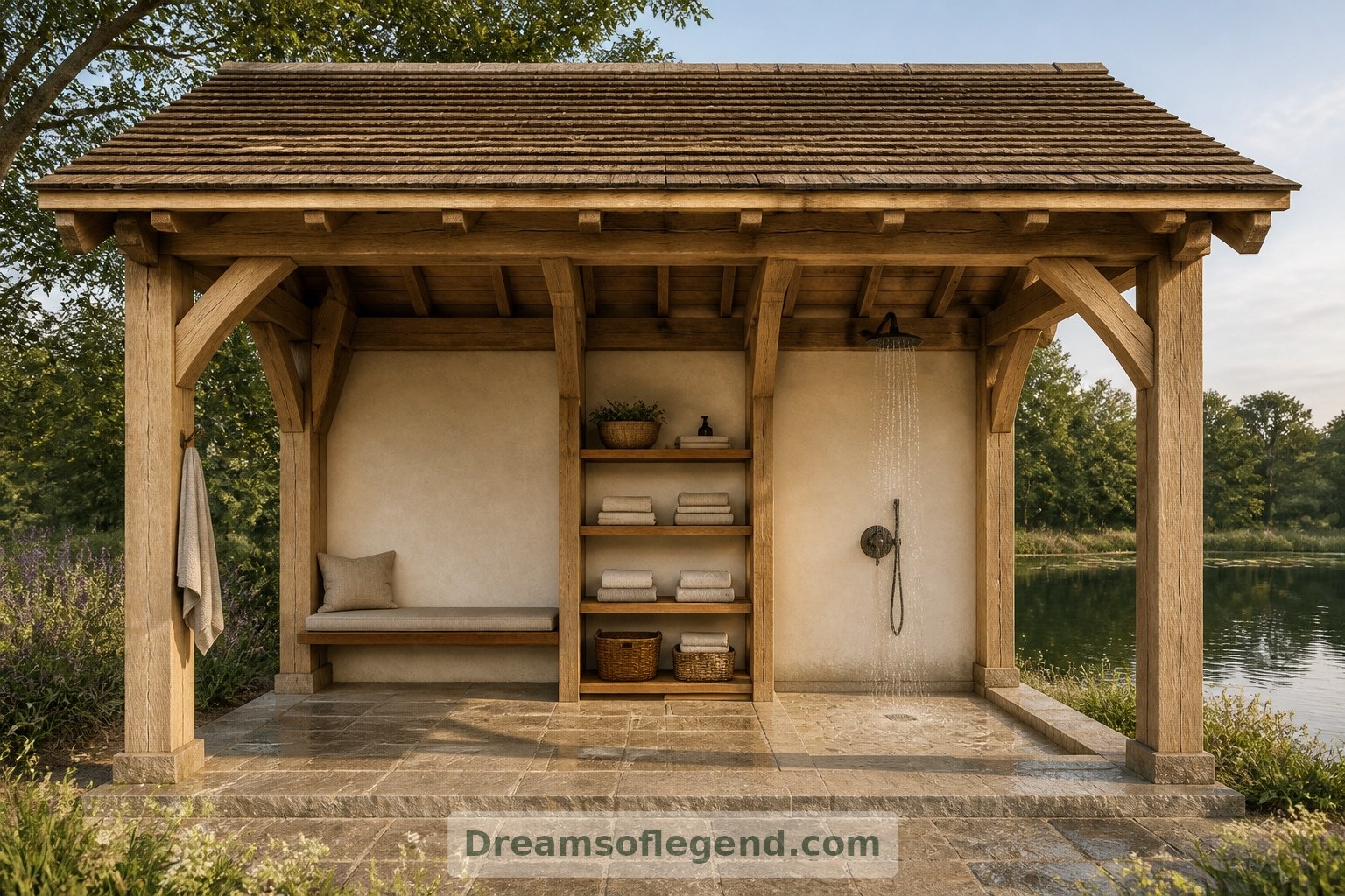 Le pavillon en chêne imaginé offre un lieu abrité pour se changer, ranger les serviettes et se rincer.