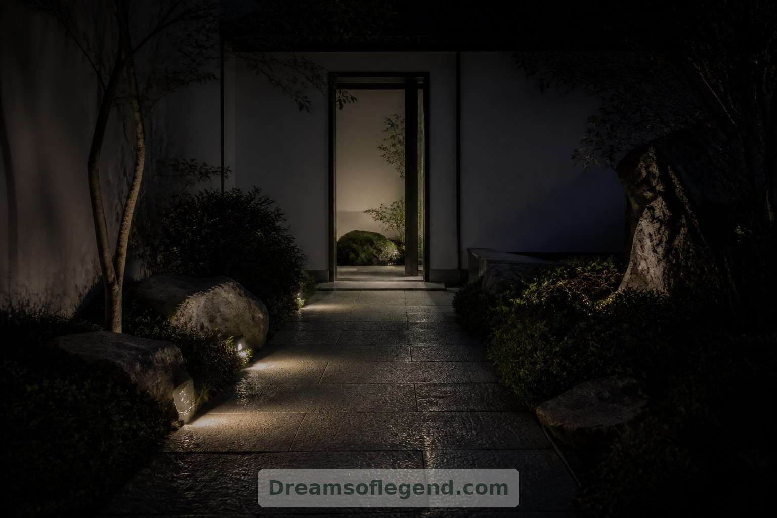 Un éclairage muni d’écrans rend visible le chemin du retour tout en laissant la majeure partie du jardin dans l’obscurité.