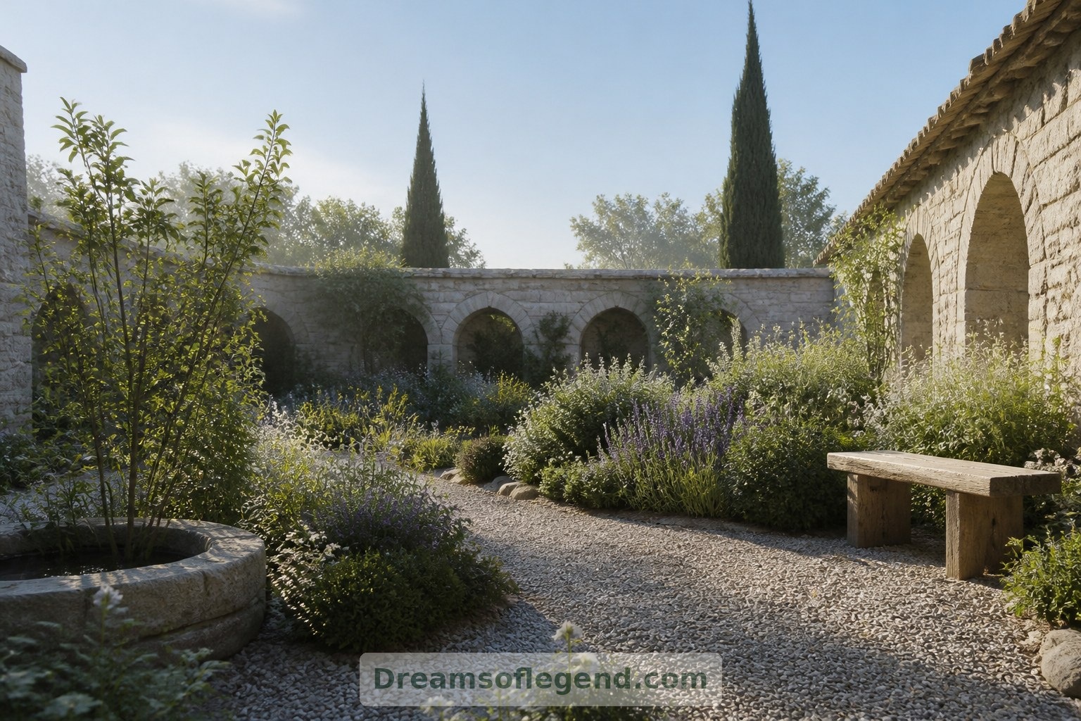 Un jardin clos imaginaire associe gravier, plantations et banc pour créer une pièce extérieure sous le ciel.
