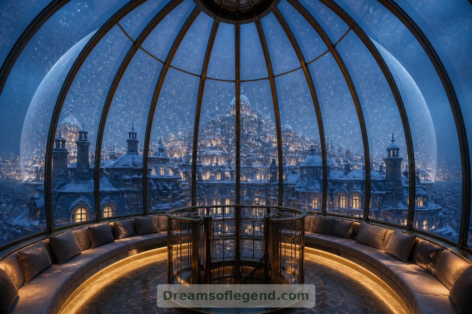 Depuis le belvédère fictif, les lignes des toits et la neige qui tombe révèlent toute l’ampleur du dôme qui enveloppe le palais.