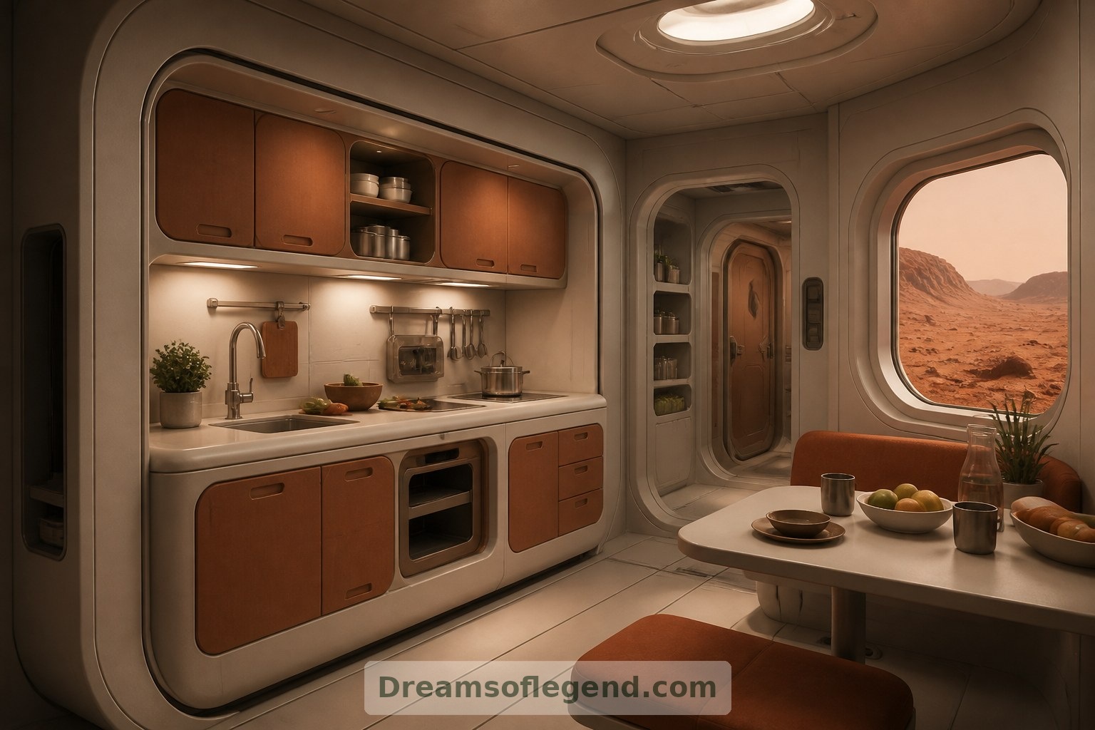 Des meubles aux formes arrondies et des rangements intégrés donnent à cette cuisine imaginée un caractère compact, pratique et familier.