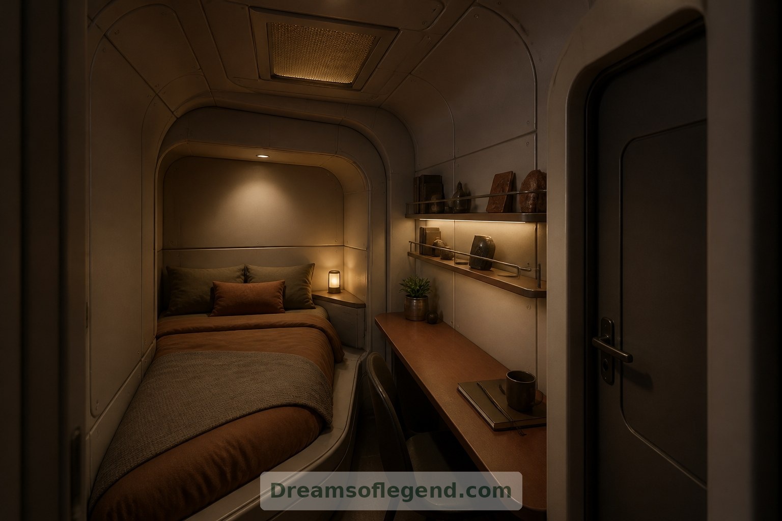 Cette cabine de couchage fictive privilégie l’espace personnel, une lumière réglable et la séparation avec les activités collectives.