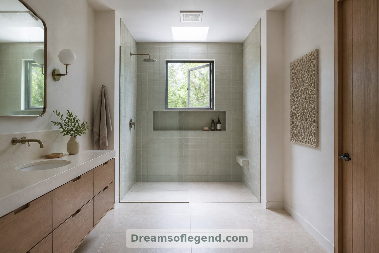 La salle de bains imaginaire maintient les éléments décoratifs en matériaux fongiques à l’écart des projections de la douche et des autres surfaces mouillées.