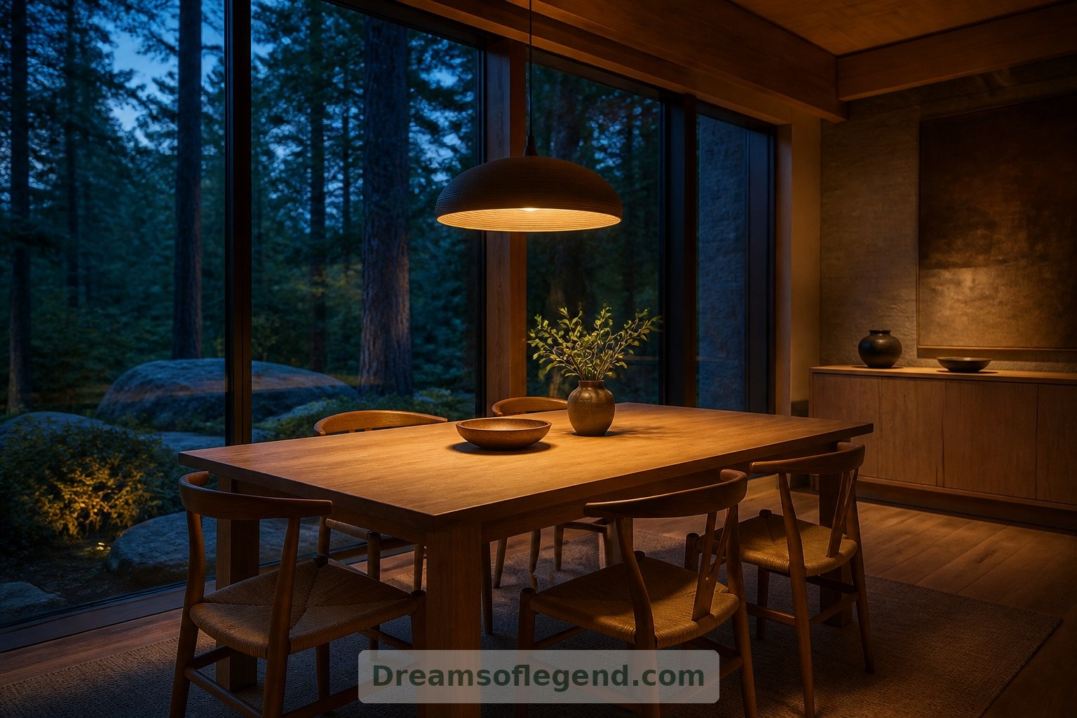 Une table disposée perpendiculairement au vitrage offre aux convives des vues variées sur les bois dans cet intérieur fictif.