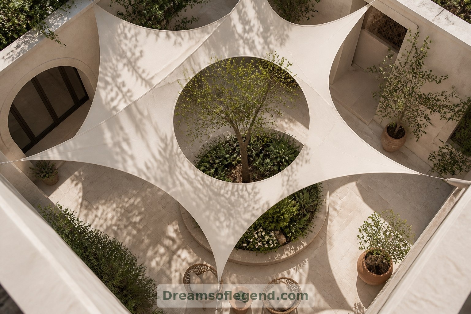 Une couverture de cour conceptuelle encadre une ouverture sur le ciel au-dessus d’un massif planté.