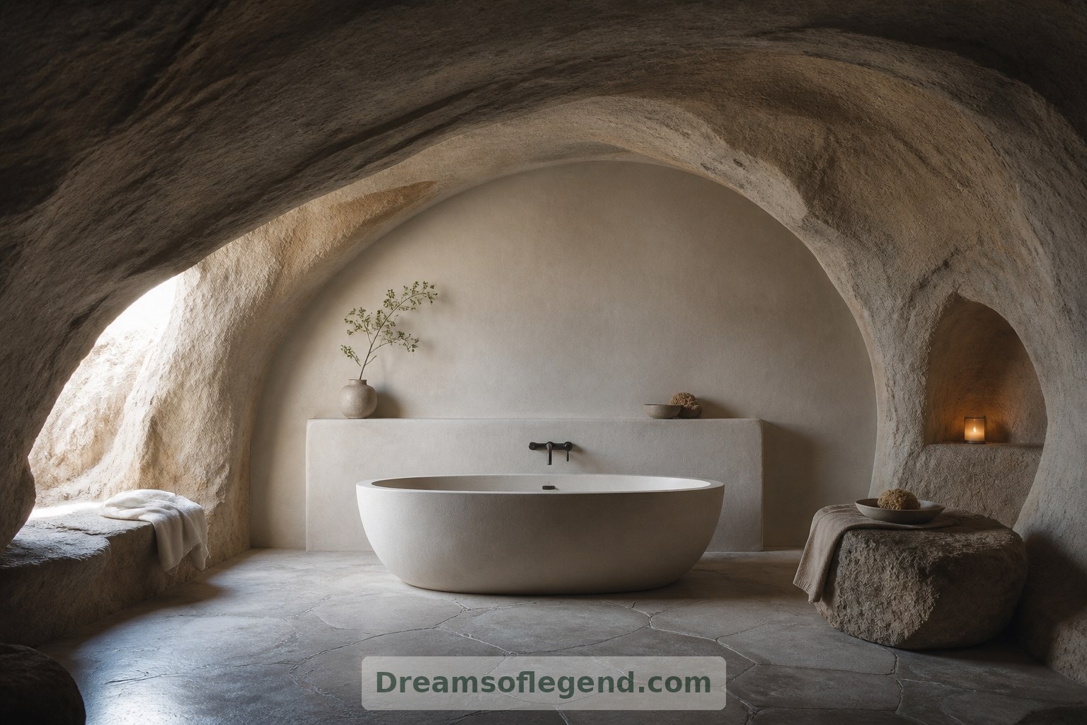 Salle de bains imaginée : un enduit clair et une baignoire îlot préservent la simplicité de la composition sous une surface rocheuse incurvée.