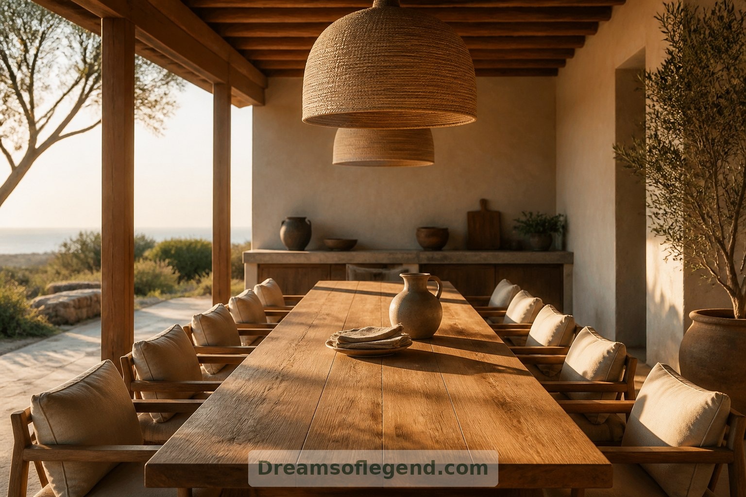 Le pavillon de repas fictif adopte l’esprit d’une maison, avec une table commune en bois et un mobilier simple aux matières agréables au toucher.