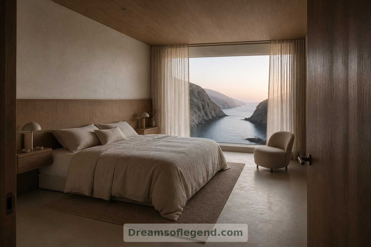 La camera da letto concettuale incornicia una porzione di paesaggio più limitata, bilanciando luce naturale, raccoglimento e privacy.