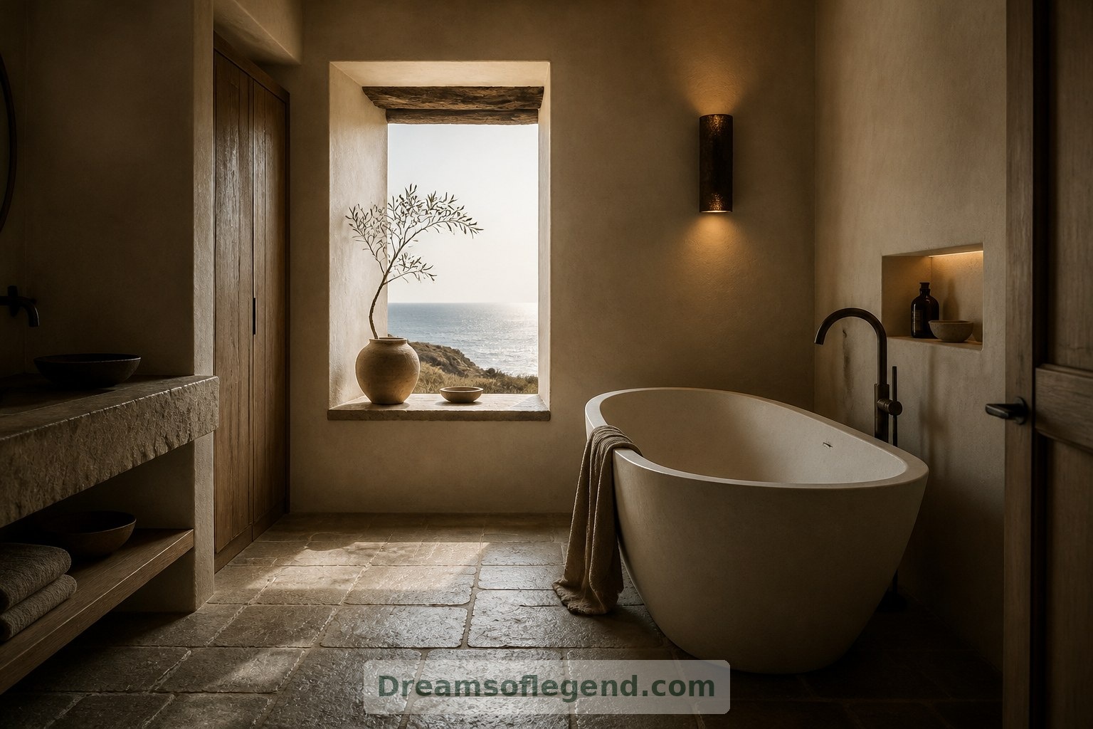 La pietra materica e una profonda imbotte fanno apparire il bagno immaginario riparato anziché esposto.