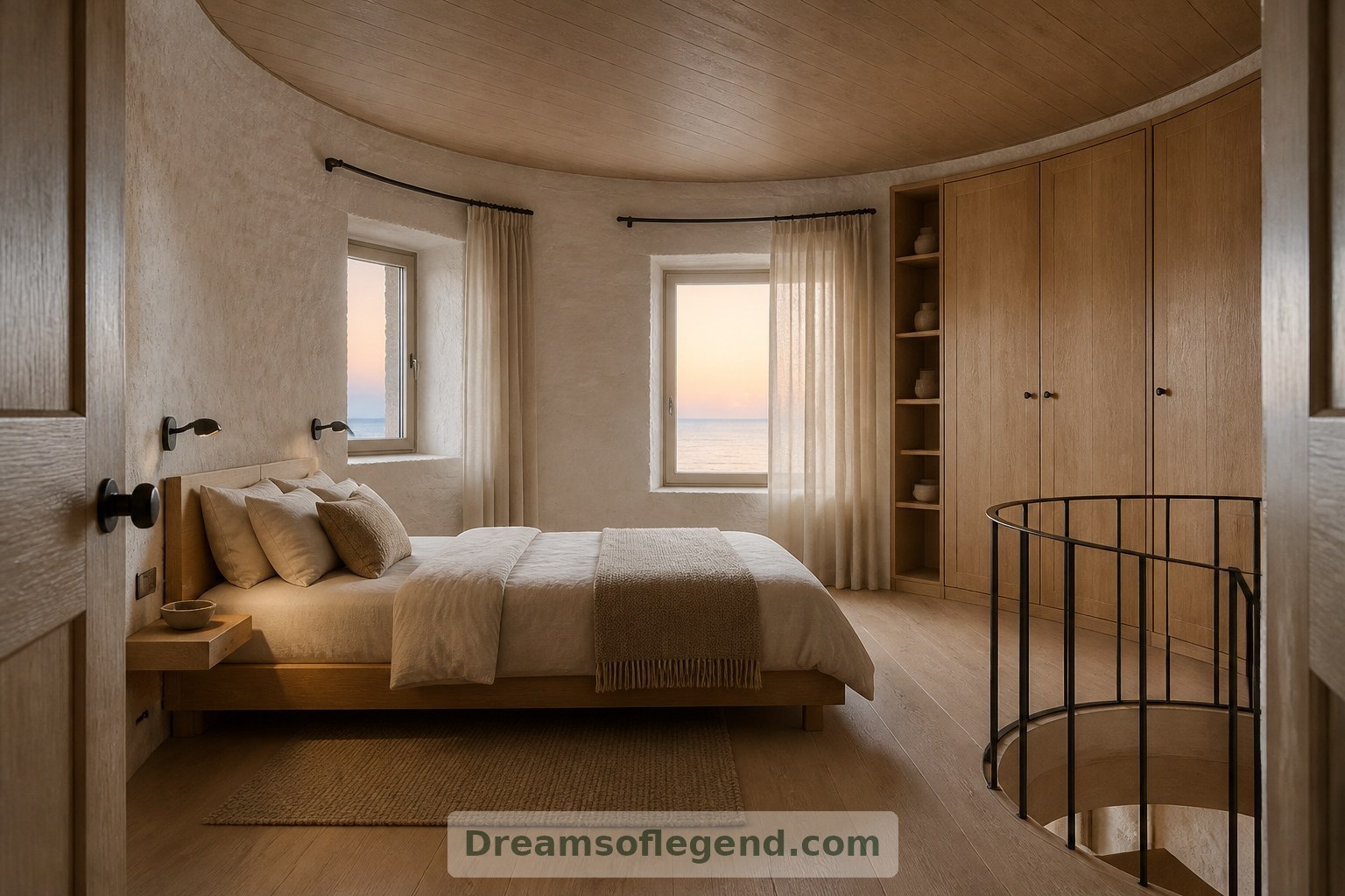 Un letto basso, soluzioni contenitive su misura e tende morbide donano una semplicità riposante alla camera immaginata dalle pareti arrotondate.