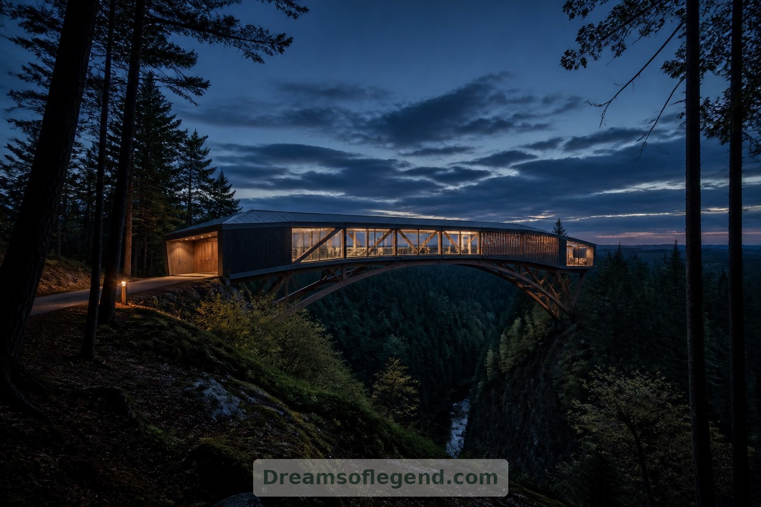 Un’illuminazione serale discreta permette alla casa ponte immaginaria di rimanere una presenza silenziosa nella valle.