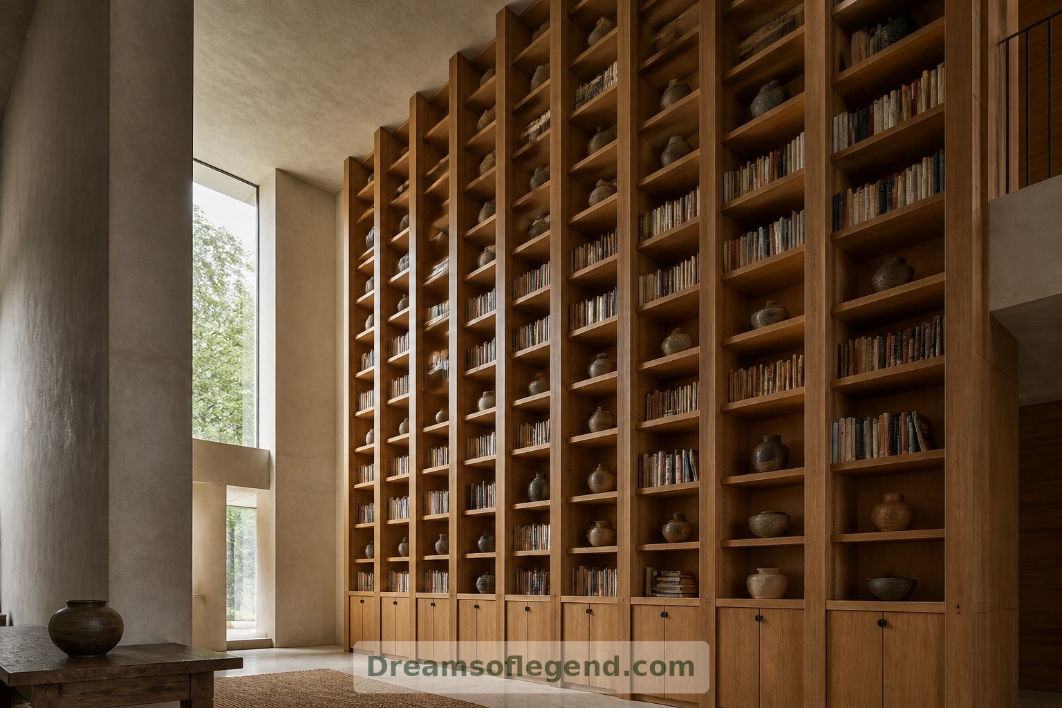 La ripetizione delle suddivisioni degli scaffali in rovere dà ordine visivo all’altezza, mentre gli armadietti alla base offrono spazio contenitivo nascosto.