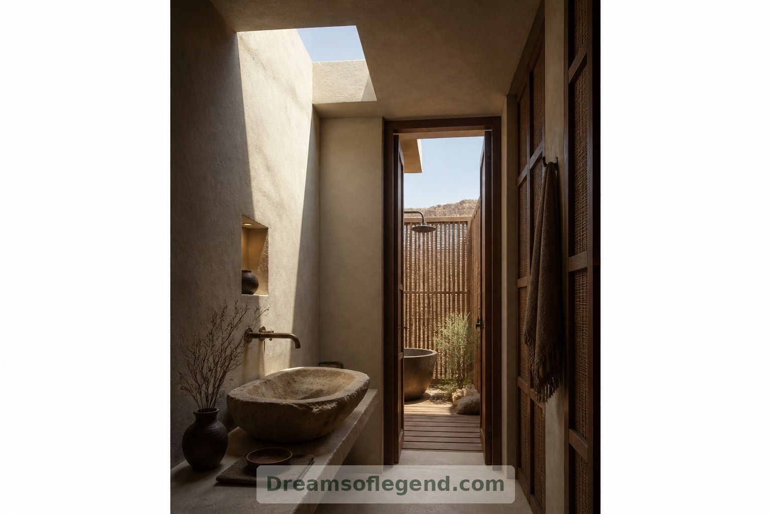 Bagno immaginario: la luce diurna dall’alto e un cortiletto schermato dedicato al bagno bilanciano apertura e riservatezza.