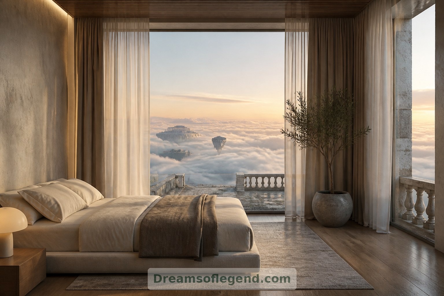 Tende sovrapposte e un pavimento dai toni caldi addolciscono una camera da letto immaginaria sospesa a un passo dal tempo atmosferico.