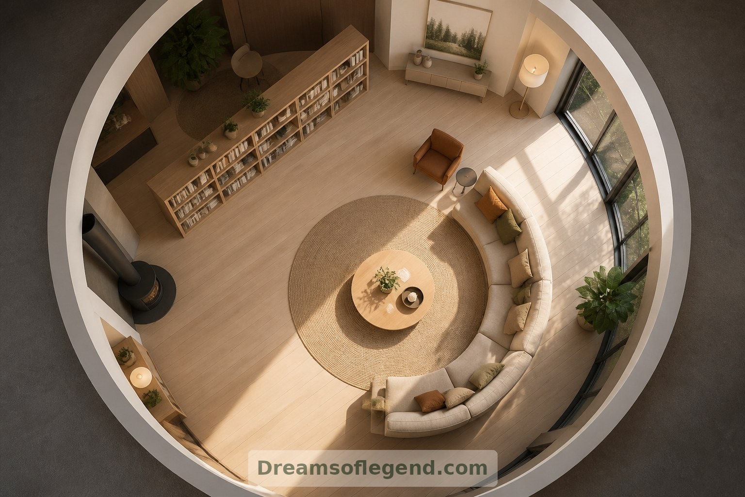 Vista dall’alto immaginata: contenitori lineari e sedute curve danno alla pianta circolare una disposizione funzionale.