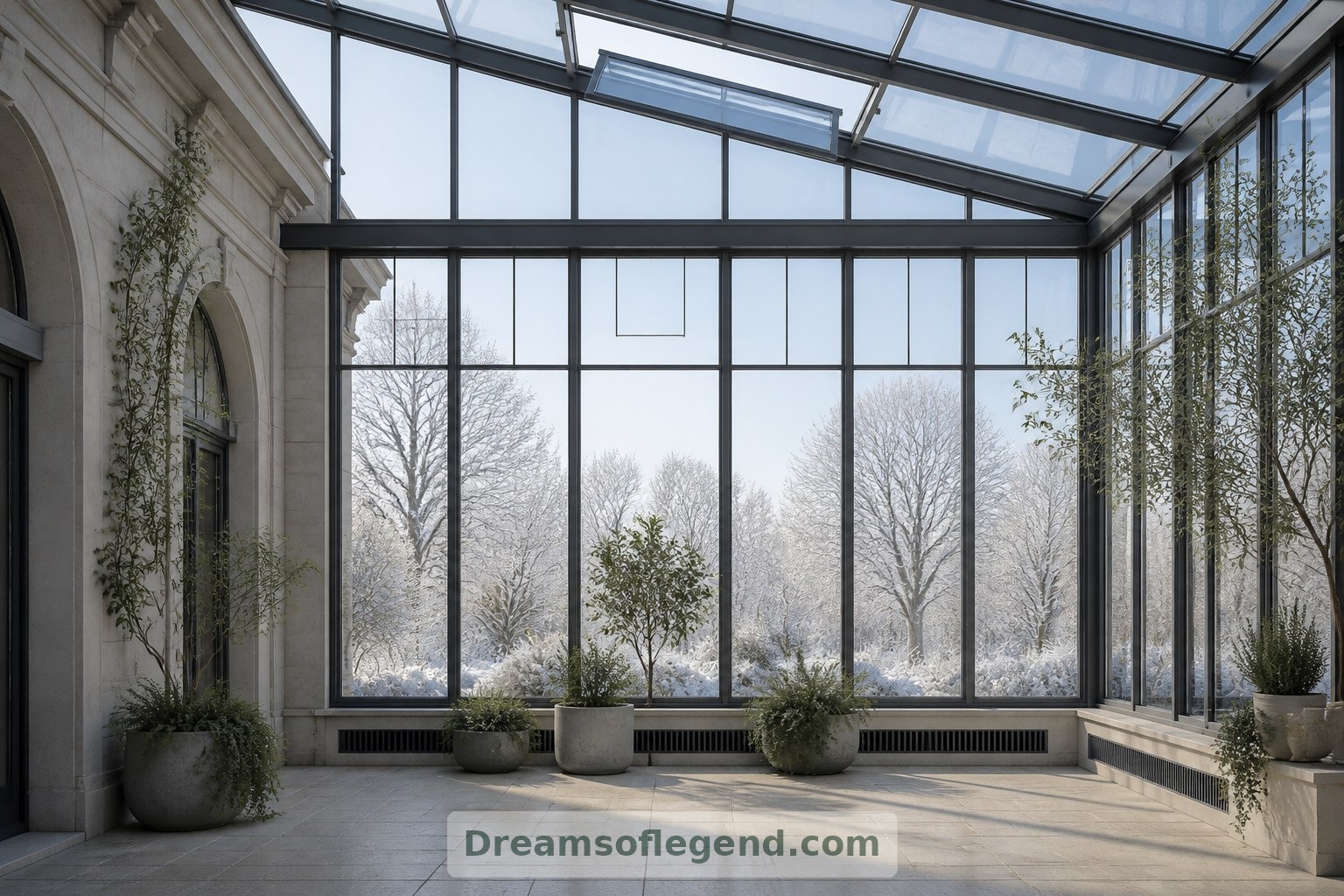 Un’apertura di ventilazione sul tetto e una griglia bassa sono visibili nell’alto involucro vetrato del giardino d’inverno.