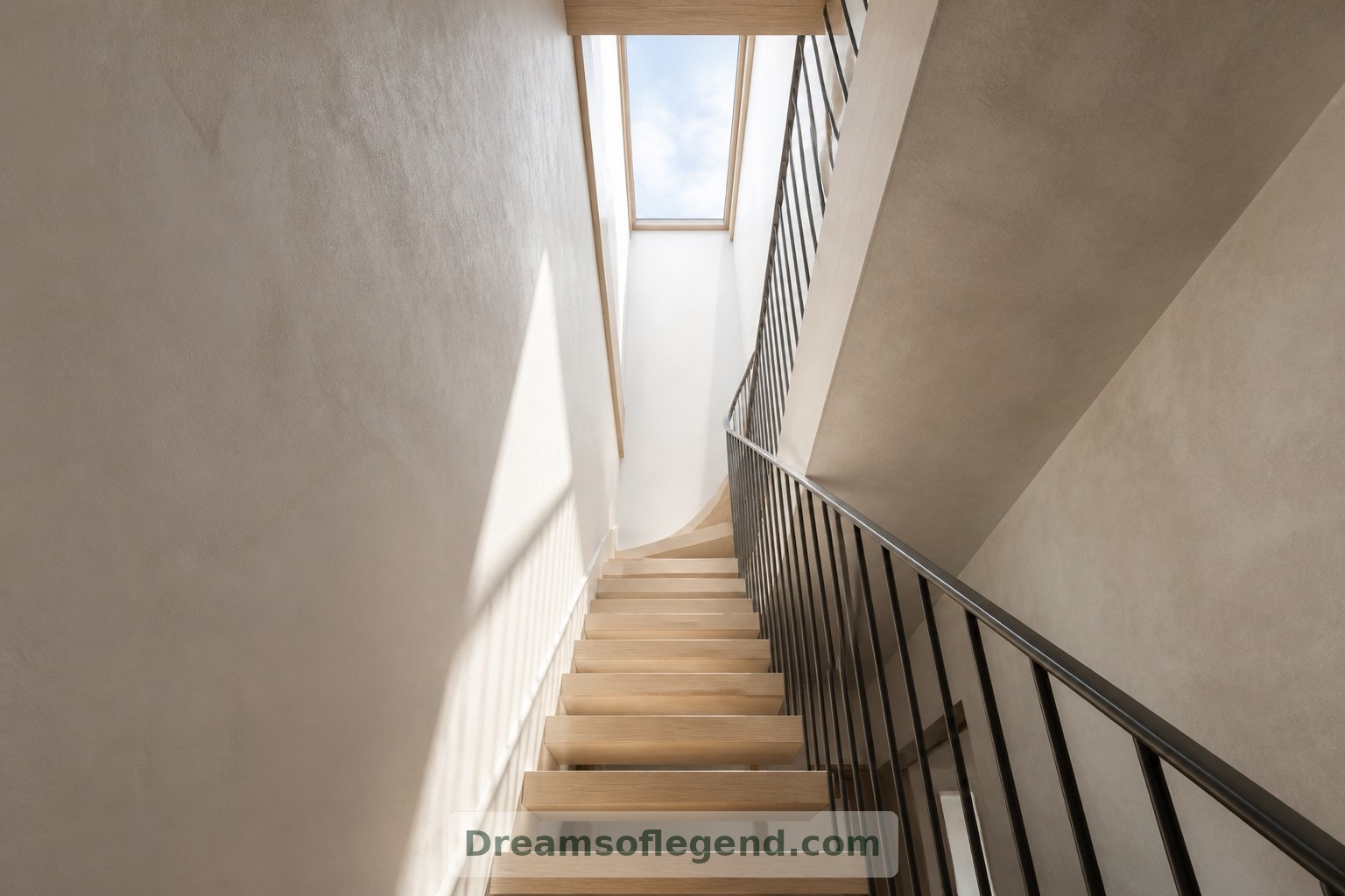 Un lucernario sopra la scala in legno porta luce naturale nello spazio di collegamento verticale della casa immaginata.
