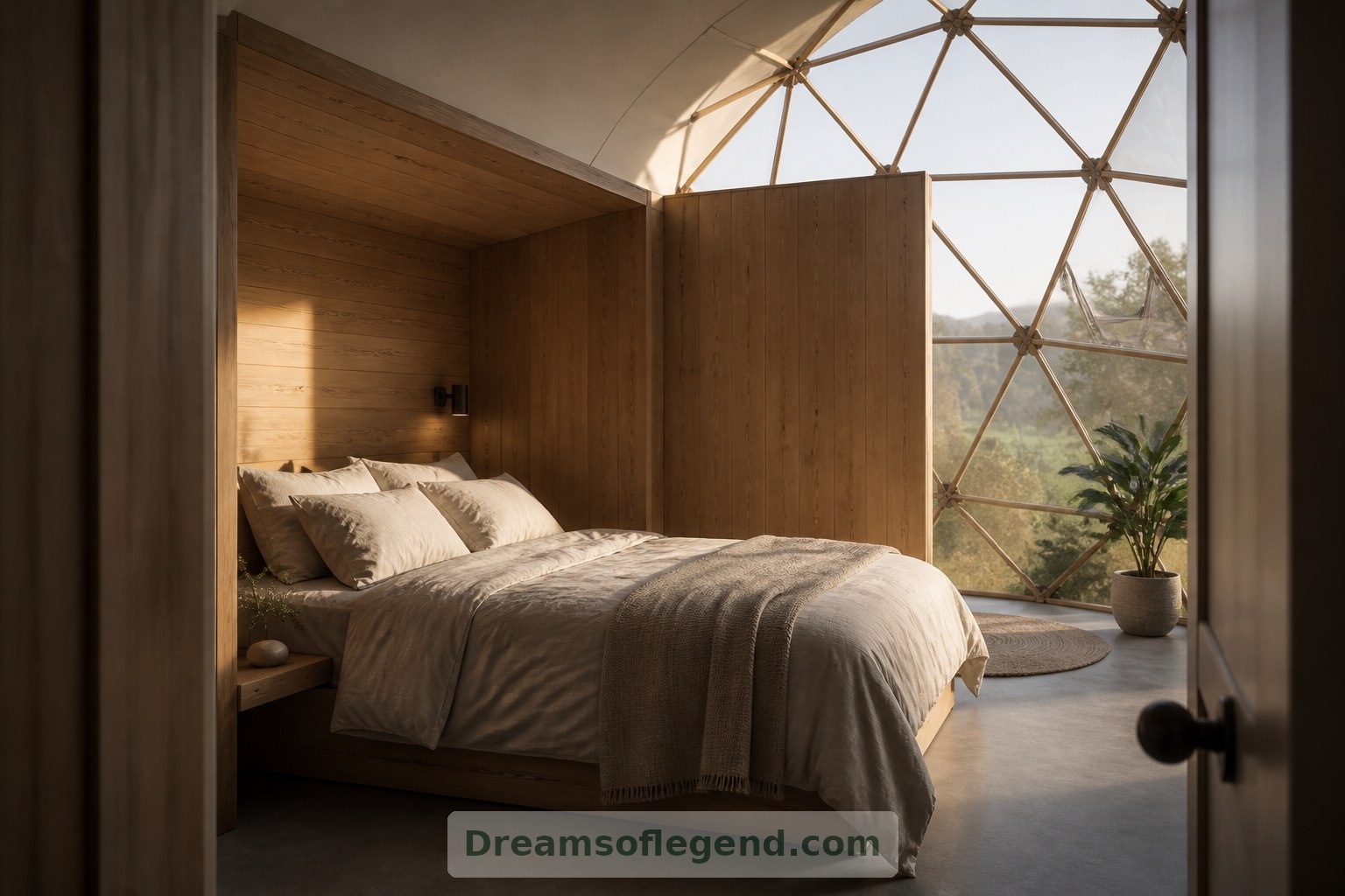 Un tradizionale letto rettangolare trova comodamente posto in questo rifugio immaginario per dormire, rivestito in legno.