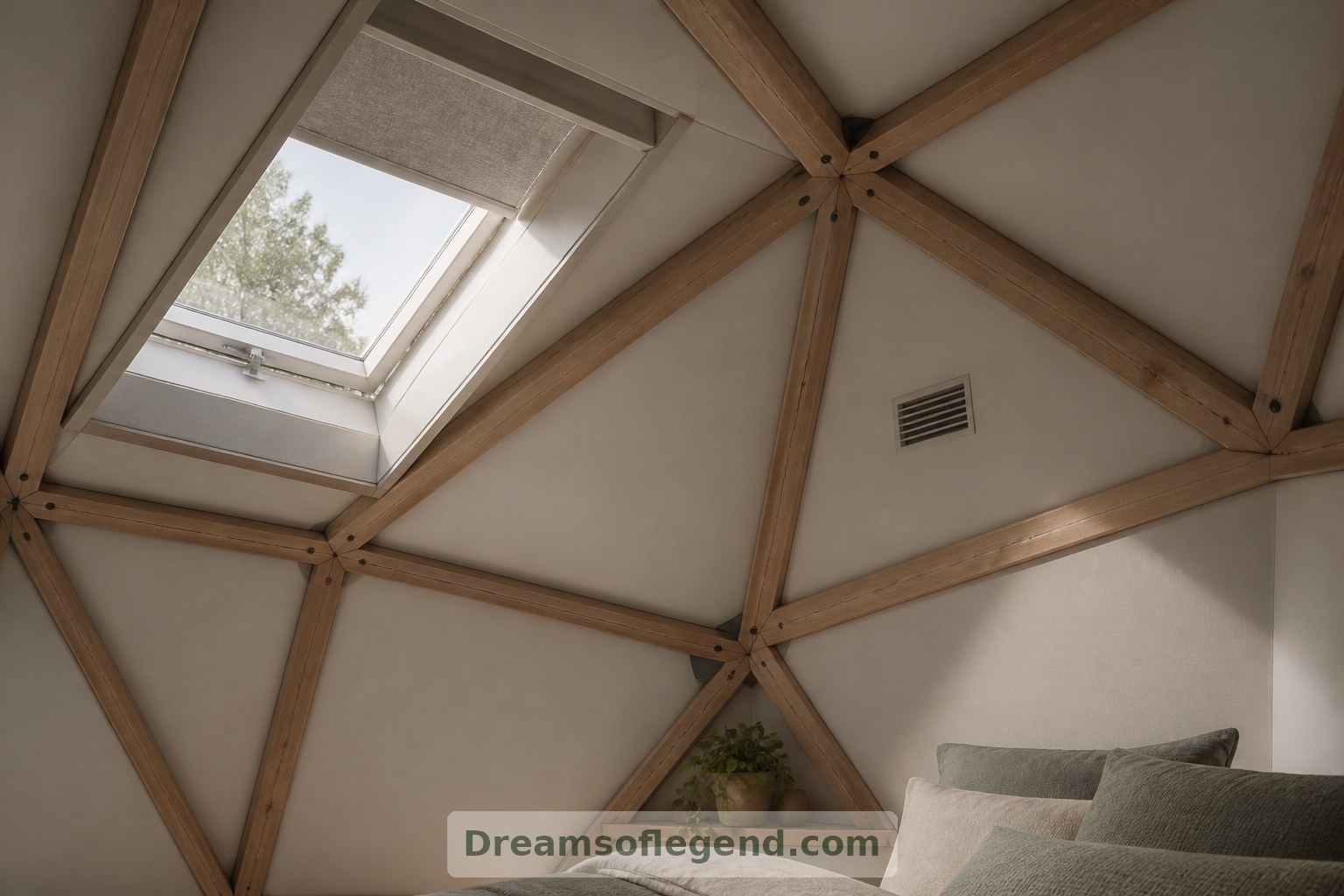 Questo dettaglio d'interno immaginario integra ventilazione e schermatura solare nell'involucro finito della copertura; le prestazioni effettive richiedono una progettazione professionale.