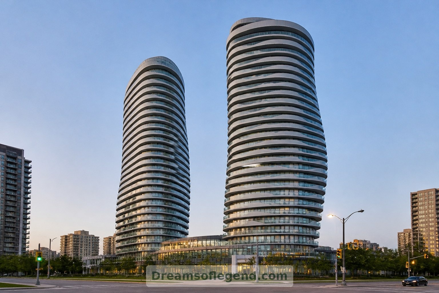 Edifici reali: le torri Absolute World di Mississauga abbinano profili arrotondati a fasce continue di balconi.