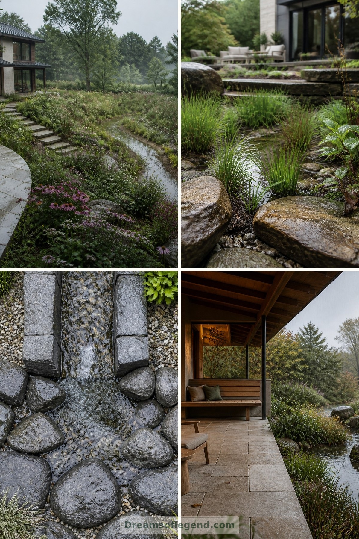 Giardini della pioggia come rifugi all’aperto: paesaggi suggestivi che accolgono l’acqua piovana — copertina con quattro immagini