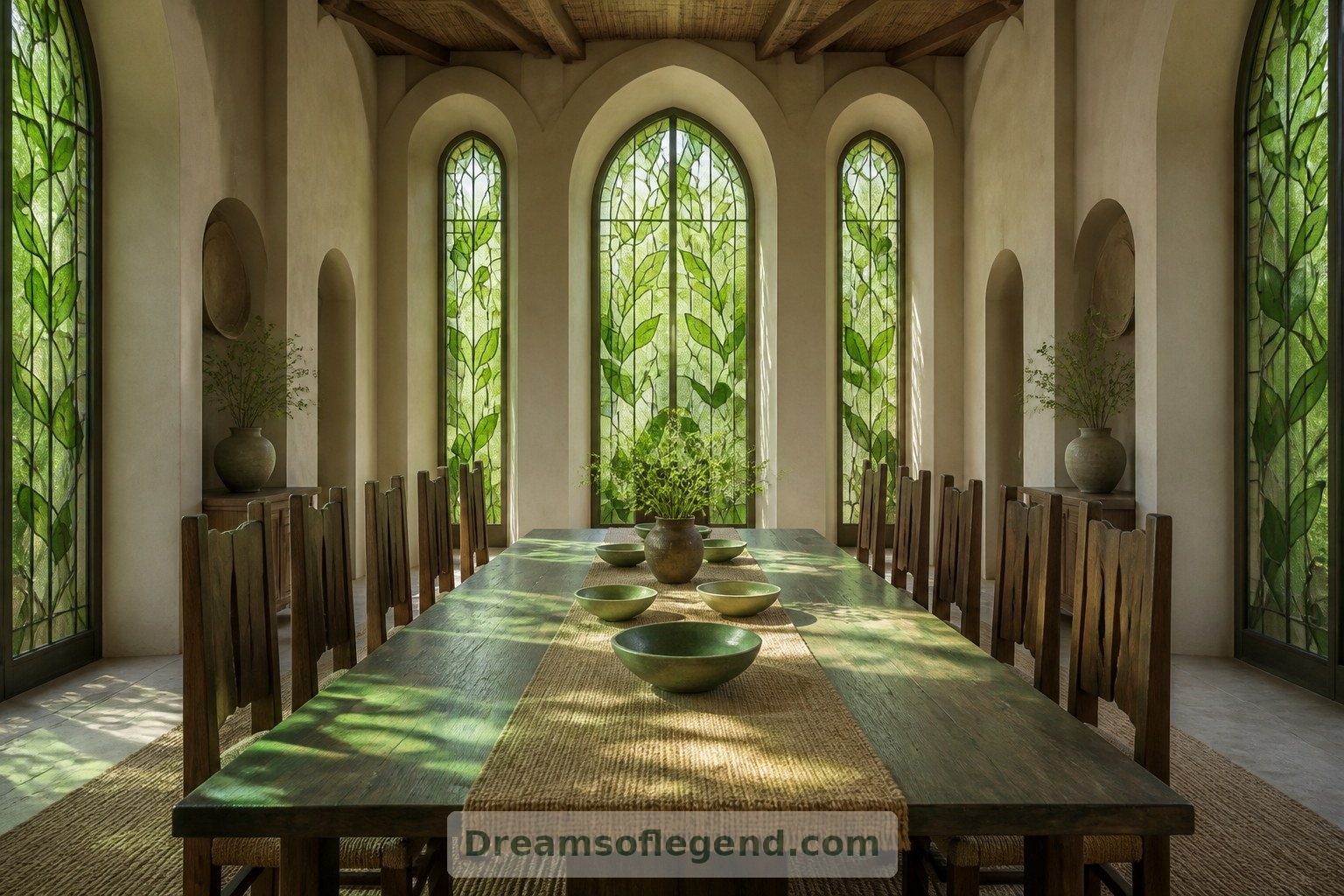 Il vetro verde con motivi a foglia dona un'atmosfera da giardino alla sala da pranzo immaginaria e al suo semplice tavolo in frassino.