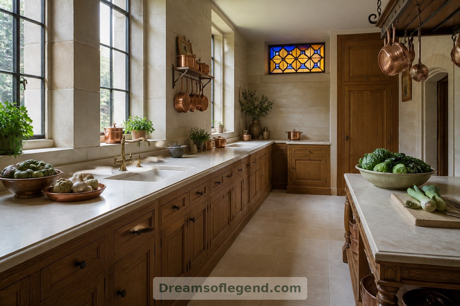 Le finestre trasparenti della cucina preservano la luce naturale utile alle attività quotidiane, mentre un sopraluce colorato aggiunge un sobrio accento decorativo.
