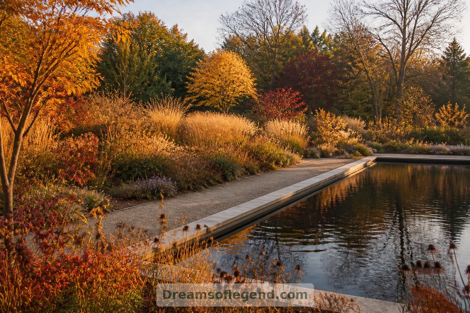 Sonbahar bitkilendirmesi, yüzme alanının kıyısının ve bakım yolunun ötesine mevsimsel bir çekicilik katıyor.
