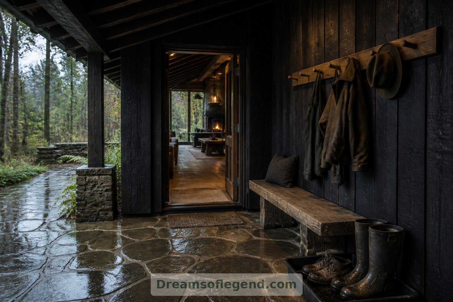 Hayal edilen üstü örtülü giriş, ıslak orman patikaları ile sıcak iç mekânlar arasında kullanışlı bir geçiş sağlıyor.